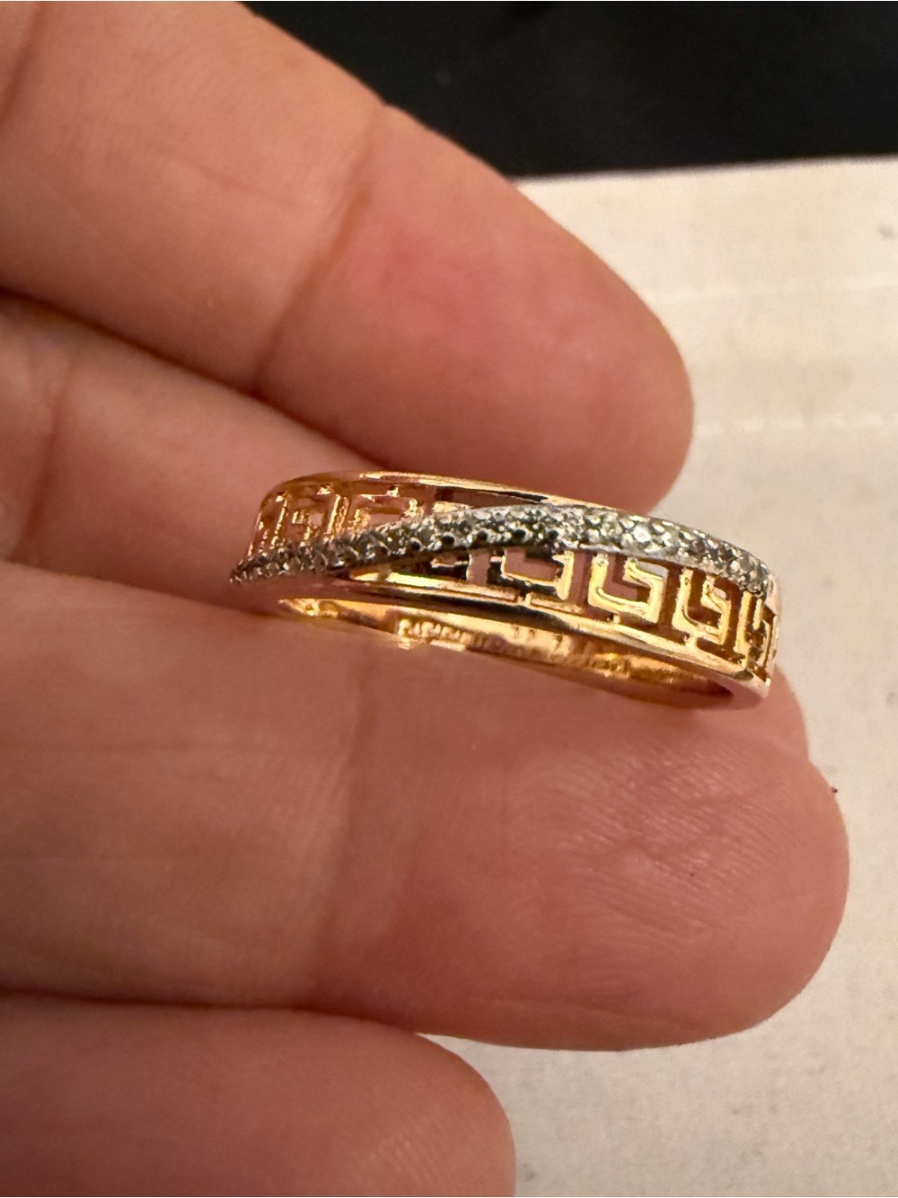 Gold and Silver Tone Greek Key Band Ring with PavΓ© Accents